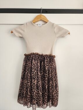 Zara Kids Cream Ribbed Top with Leopard Print Skirt Dress
